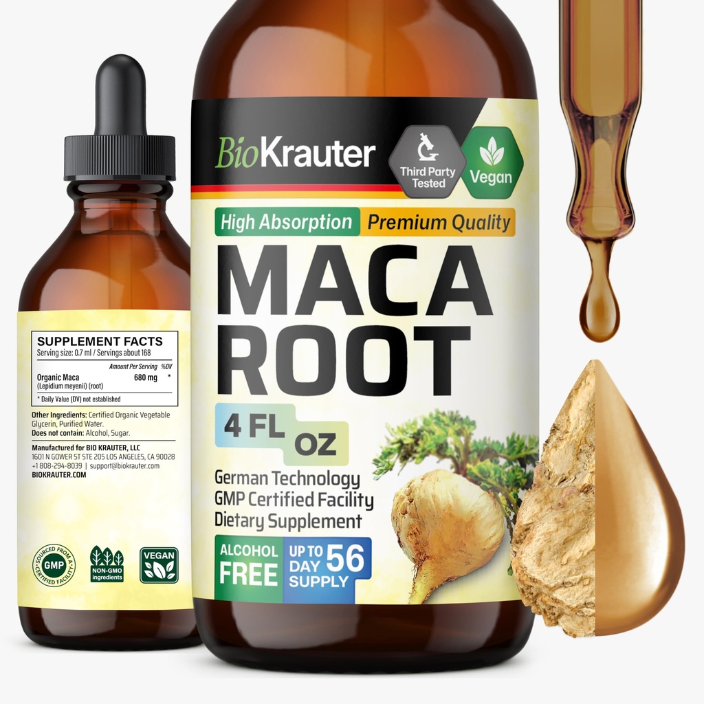 BIO KRAUTER Maca Root液体ドロップ - マカ抽出物 - ビーガン、砂糖&アルコールフリーエキス4 Fl.Oz。