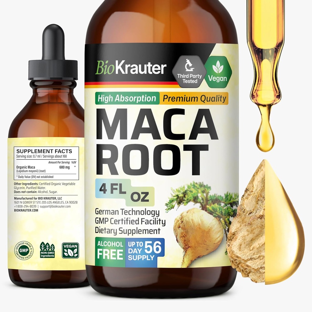 BIO KRAUTER Maca Root液体ドロップ - マカ抽出物 - ビーガン、砂糖&アルコールフリーエキス4 Fl.Oz。