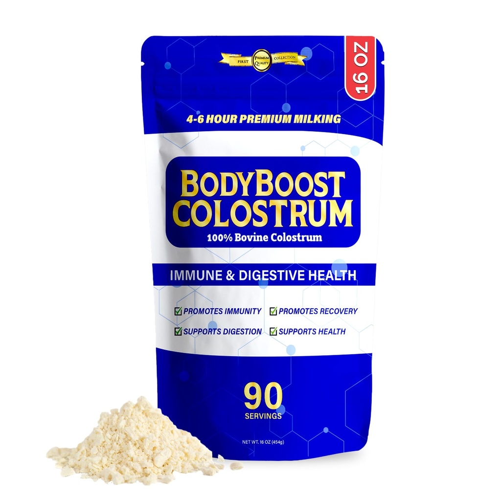 BodyBoostの優れたColostrumの全体、100%の牛のColostrumの粉、免疫グロブリン及びLactoferrinの草のフィードのColostrumの粉、腸の健康、多様な取入口、16のoz