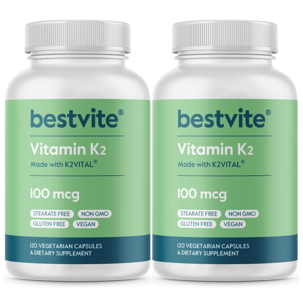 ビタミンBESTVITEビタミンK2 100 mcgをMK-7(240 ベジタリアンカプセル)(120x2) - 無菌 - 完全菜食主義者 - 完全菜食主義者の非GMO - グルテンフリー