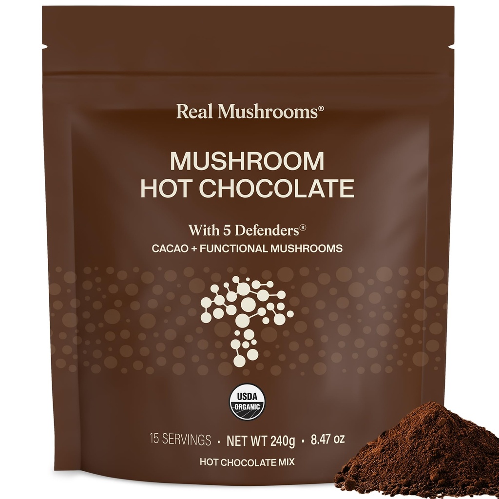 リアルマッシュルーム オーガニックホットチョコレートミックス with Reishi, Turkey Tail, Chaga, Shiitake, Maitake – カカオパウダー オーガニックマッシュルーム – 5 ディフェンダーキノコカオパウダー, 完全菜食主義者の, グルテンフリー, 15 サービング