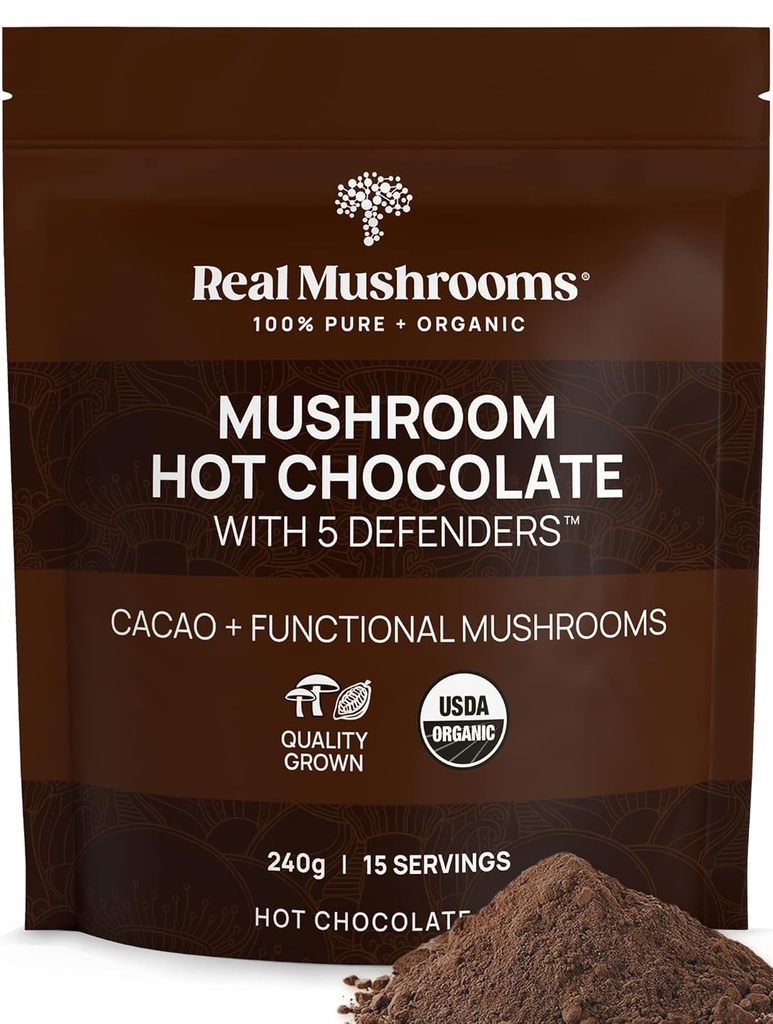 リアルマッシュルーム オーガニックホットチョコレートミックス with Reishi, Turkey Tail, Chaga, Shiitake, Maitake – カカオパウダー オーガニックマッシュルーム – 5 ディフェンダーキノコカオパウダー, 完全菜食主義者の, グルテンフリー, 15 サービング