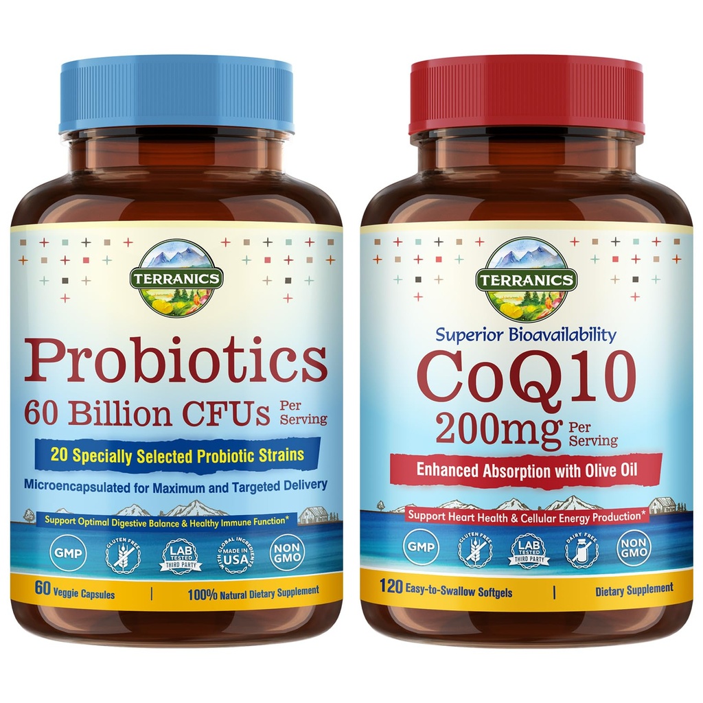 Terranics Probiotics&CoQ10バンドル、ハート&ダイジェクションヘルス、60ビリオンプロバイオティクス、Bioactive Coenzyme Q10 200mg、エクストラバージンオリーブオイル、バンドル&保存