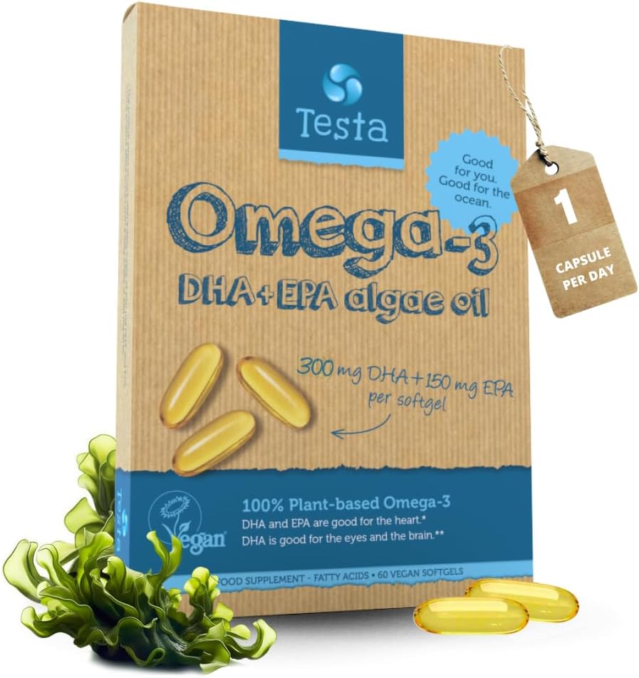 Testa Omega-3 サプリメント - ビーガンベースのオメガ 3 DHA EPA カプセルから Algae - Omega 3 脂肪酸 - 心臓をサポート, 脳 & 関節の健康 - プラスチックネガティブ, RTG, コシャ - 2 ヶ月の供給