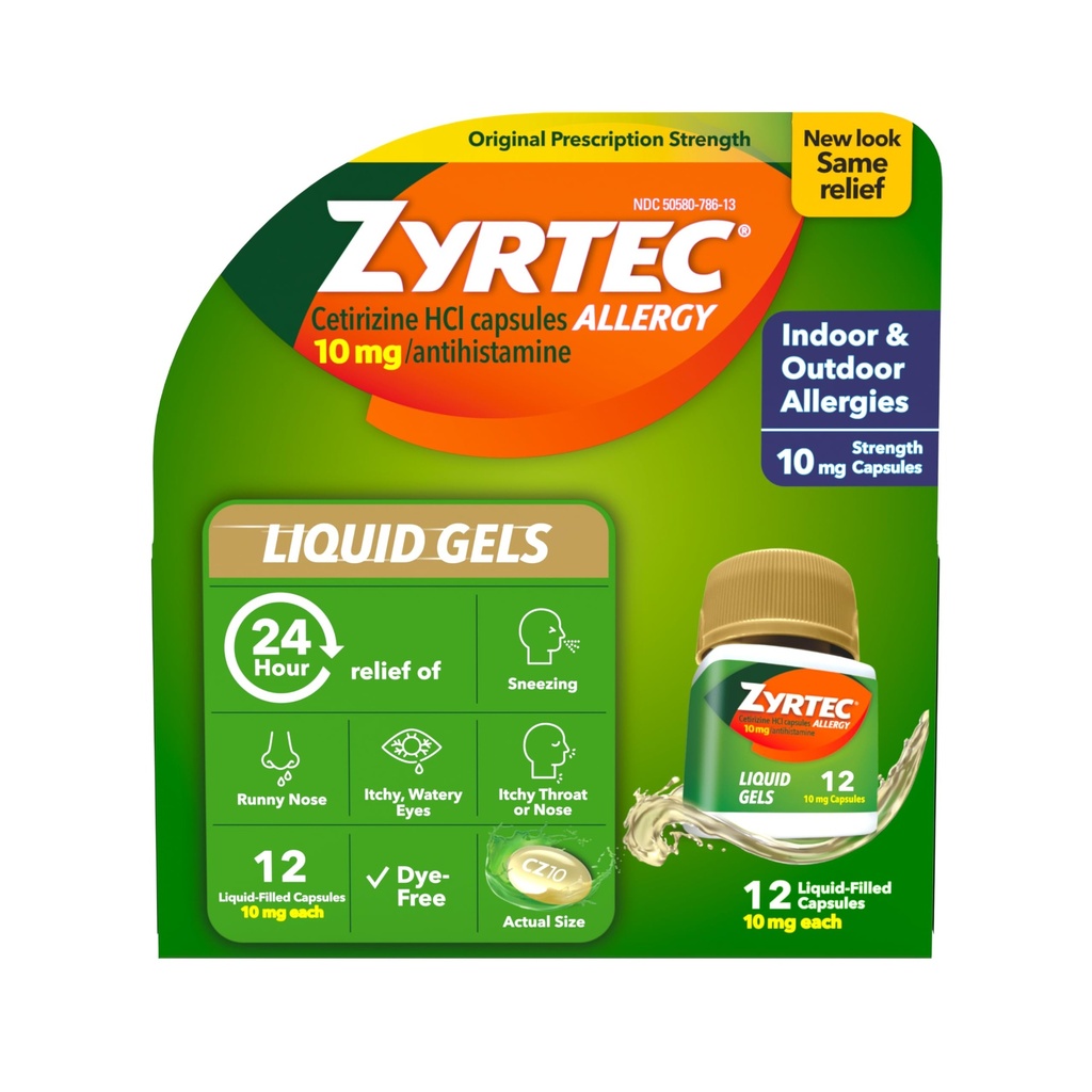 Zyrtec 24 時間アレルギー救済液ゲル、Cetirizine HClアレルギー薬による抗ヒスタミンカプセル、Ranny Nose、Sneezing、Itchy Eyes&More、12 カウント