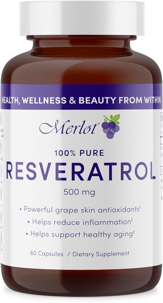 Merlot Resveratrol 500mg Capsules - 60 Count - Beauty Within AntiAging Supplement Non GMO Gluten Free- Made in USA