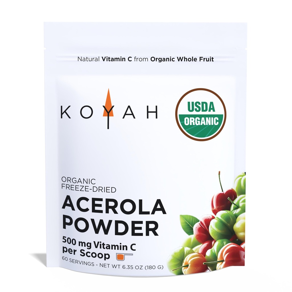 KOYAH - 有機Acerolaパウダー:凍結乾燥、100%ピュア、500 mgナチュラルビタミンC/スクープ、全食品、非GMO、ビーガン、60サービング、アセララチェリーから作られたブラジルで成長