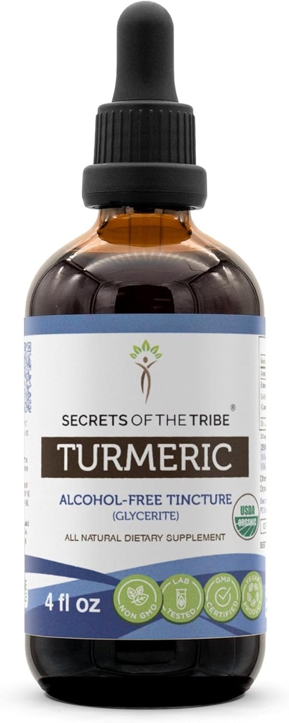 ターメリック USDA オーガニック チンキ | アルコールフリー エキス・高確率 ハーブドロップ・ヘルシージョイント | 100% オーガニック ターメリック(Curcuma Longa) ドライ ルーツ 4 OZ