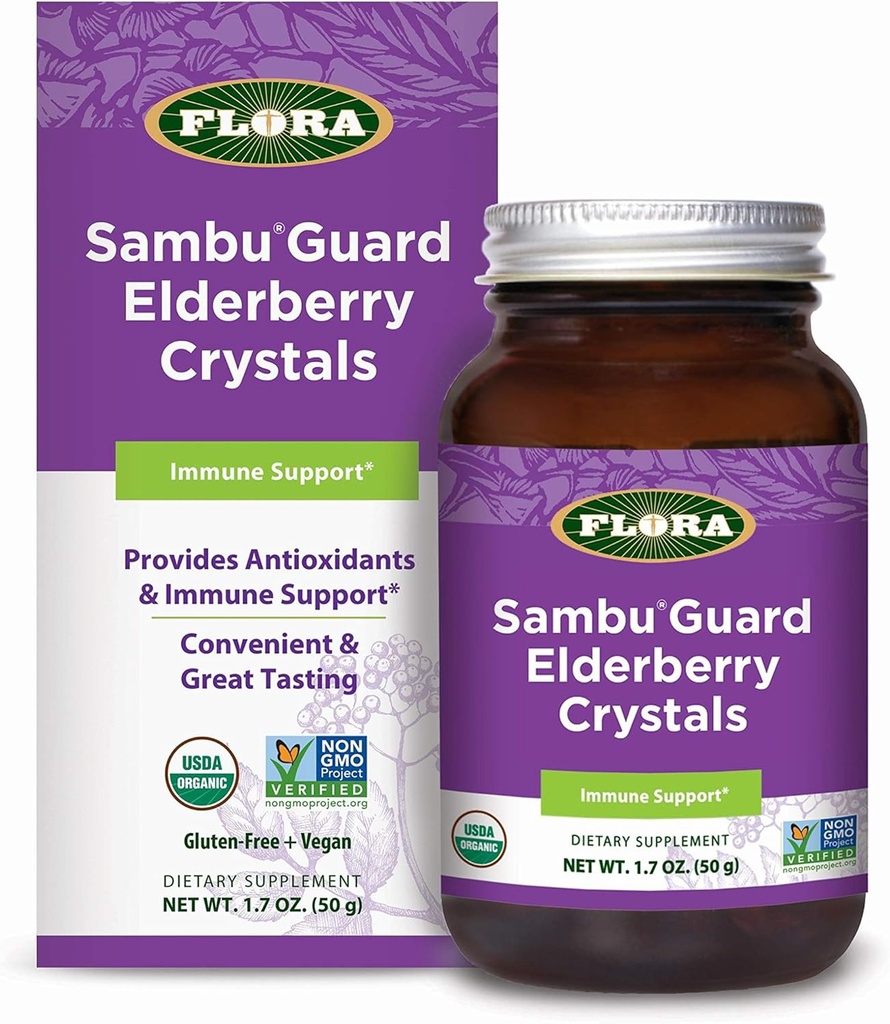 Flora - SambuGuard Elderberry Crystals, Provides Antioxidants & Immune Support, Strengthen Immunity, Detox Body, Boost Energy, 1.7-oz. Powder