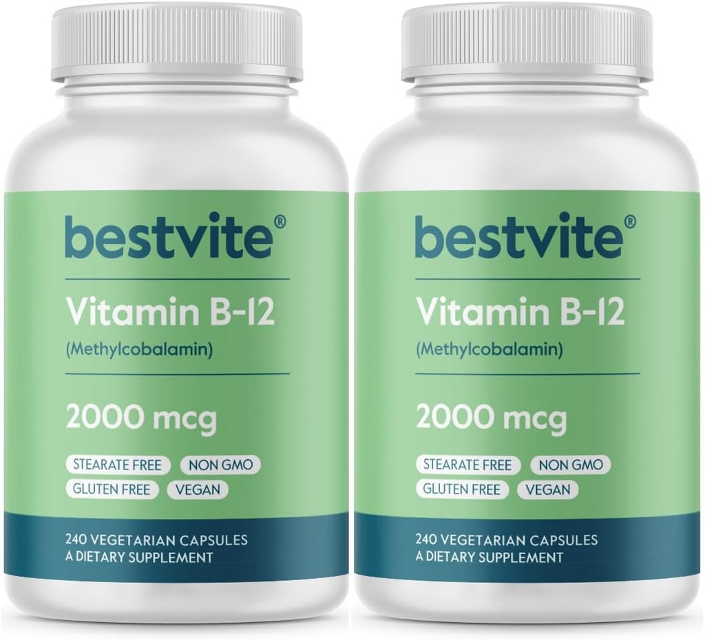 BESTVITEビタミンB12(メチルコバラミン)2000mcg(480ベジタリアンカプセル)(2 x 240)(メチルB12) - いいえステアレートなし - ビーガン - 非GMO -グルテンフリー無料