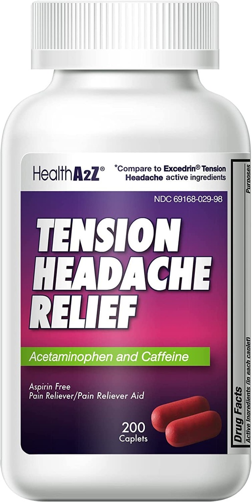 HealthA2Z®の張力頭痛の救済 | アセトアミフェン500mg | カフェイン65mg | 痛みの回復剤 | アスピリンフリー(200カプレット)