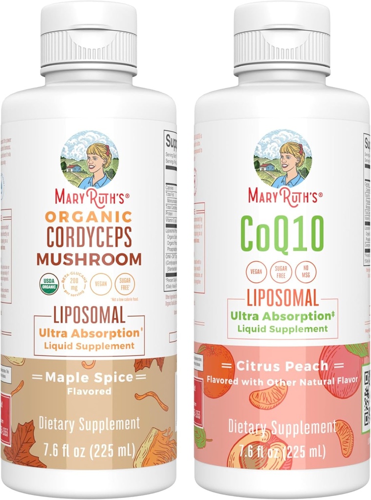 MaryRuth Organics Cordyceps Liposomal(メープルスパイス)&CoQ10(シトラスピーチ) | クリーンラベルプロジェクト Verified® | 免疫、心臓の健康、および全体的なウェルネスのビタミン | 完全菜食主義者、非GMO、グルテンフリー