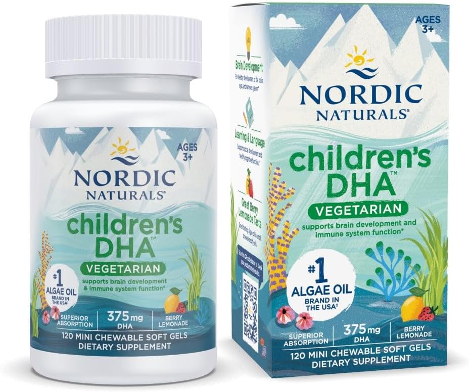 Nordic Naturals Children's DHA Vegetarian - Kids DHA Omega-3 Supplement -Algae Oil - Berry Lemonade Mini Chewables - Plant-Based Formula for Ages 3+ - 120 Soft Gels - 40 Servings