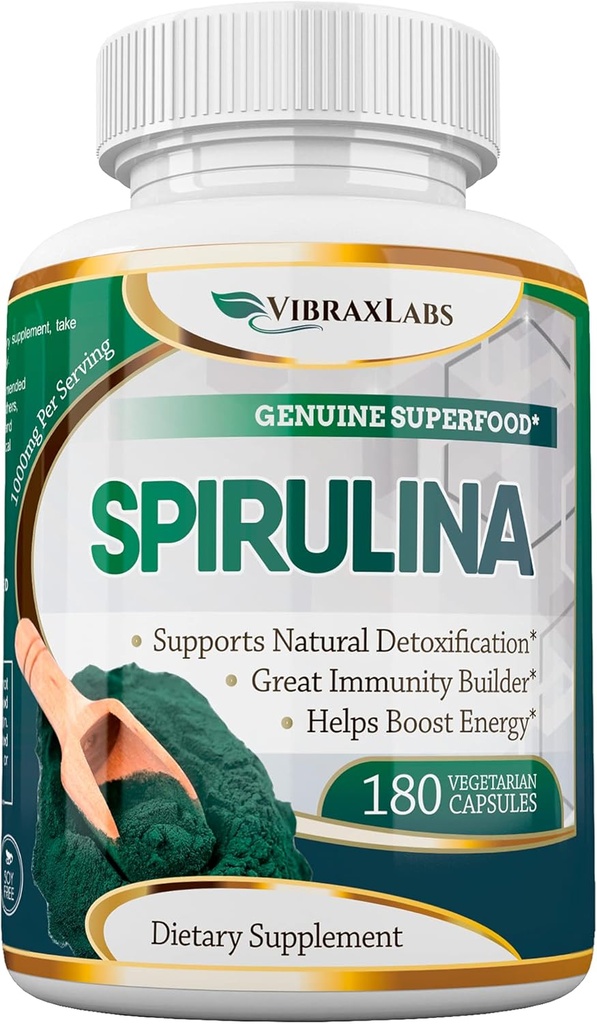 vibraxlabsのSpirulinaのカプセル–100%の純粋な1000mgのサービング(500mg Veggieのカプセル)の粉の補足、サポート自然な解毒、Cellularのレベルの利点健康、Chlorellaとベスト