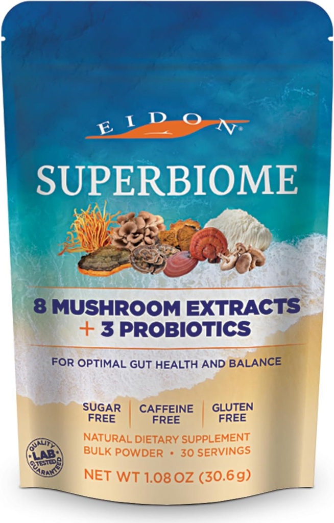 Eidon SuperBiome、きのこのプロバイオティクスの粉のブレンド、Gut Balance、有機玲石、チャガ、ライオンのマネ、コルディプス、トルコの尾、シタケ、マイタケ、Phelinus、30のサービングとのMicrobiomeの健康の補足