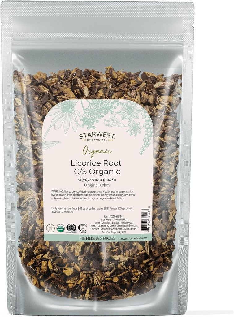 Starwest Botanicals 有機乾燥リコライスルート - ルーズリーフティーブレンド、キャンディ、焼菓子、カット&シフト、認定コーシャ、非GMO - 4 oz ポーチ