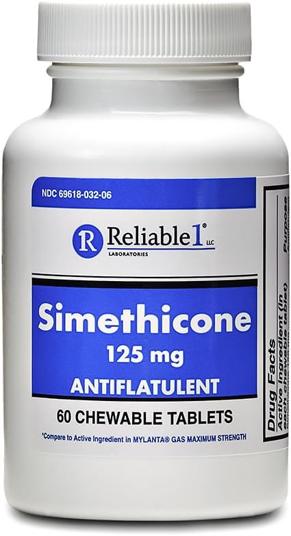 Reliable-1 Laboratories Simethicone 125mg Gas Relief Tablets Extra Strength Bloating Relief Gas Pills | Anti Flatulence, Rapid Gas Relief for Adults | Peppermint Flavor | 60 Chewable Tablets