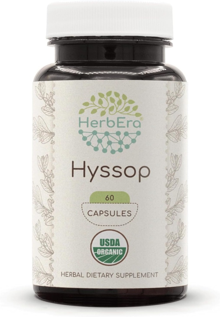 HerbEra Hysop USDA オーガニック 60 カプセル | 天然ハーブサプリメント | 認定オーガニック ベジタリアン カプセルとオーガニック 催眠(ホソパス オフチカリナリス) 乾燥ハーブ(60 カプセル)