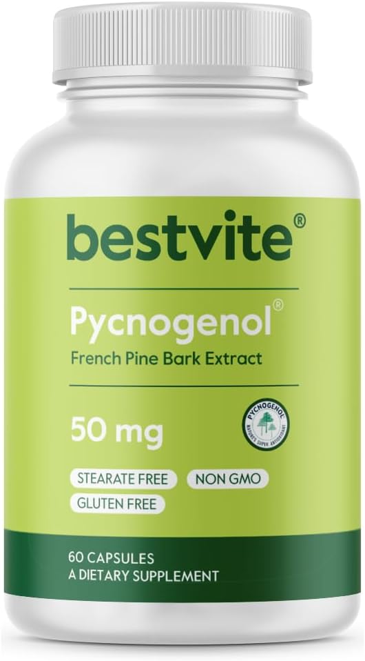 BESTVITE Pycnogenol 50mg (60カプセル) - フレンチマリタイムパインバークエキス - ステアレートなし - グルテンフリー - 非GMO