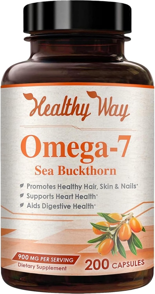 Pure Omega 7 Fatty Acids 200 Capsules 900mg Natural Sea Buckthorn Oil, NON-GMO USA Made