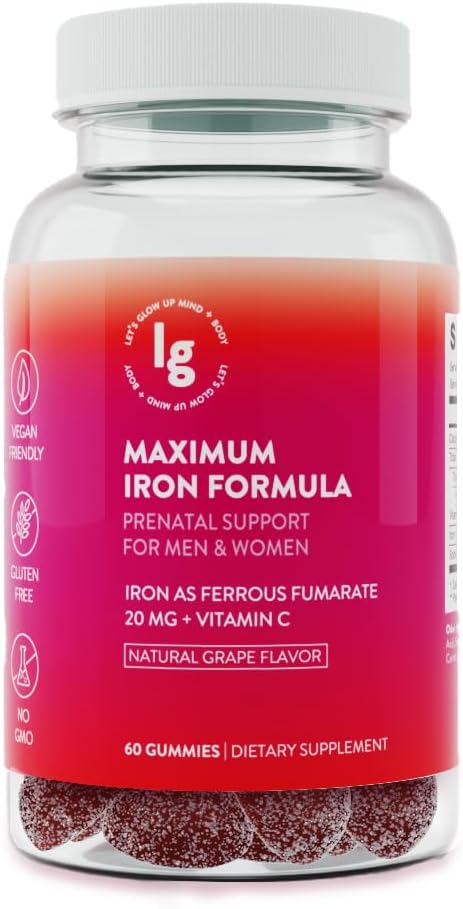 鉄のグミ – 20 mg 高吸収鉄 + ビタミンC, B12 & 葉酸塩 – ビーガン, 非GMO, グルテンフリー – エネルギー & 貧血のサポート – 60 Ct