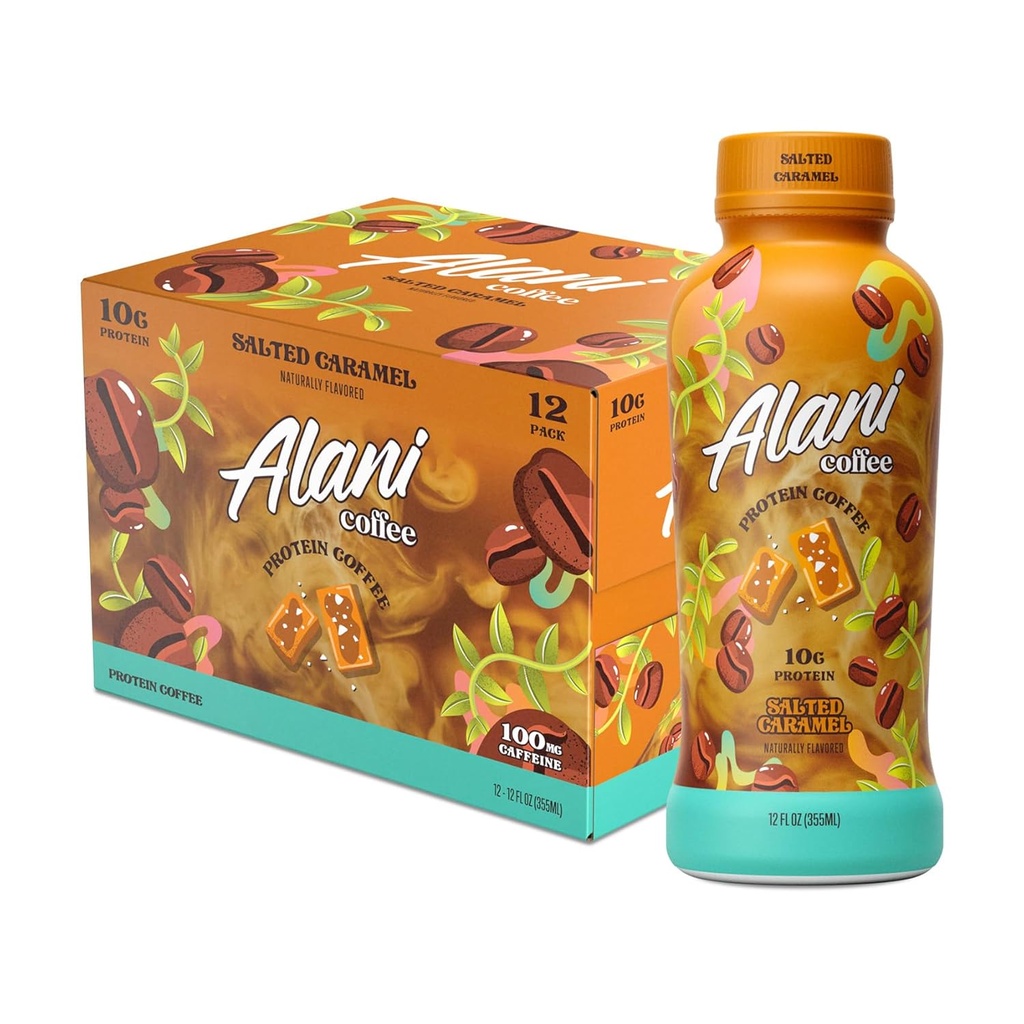 Alani Nu Protein Coffee SALTED CARAMEL | 10gのタンパク質で冷たい醸造を飲む準備 | 100mgカフェイン | 90カロリー、自然に風味付け | 12 Fl Oz ボトル | 12 パック
