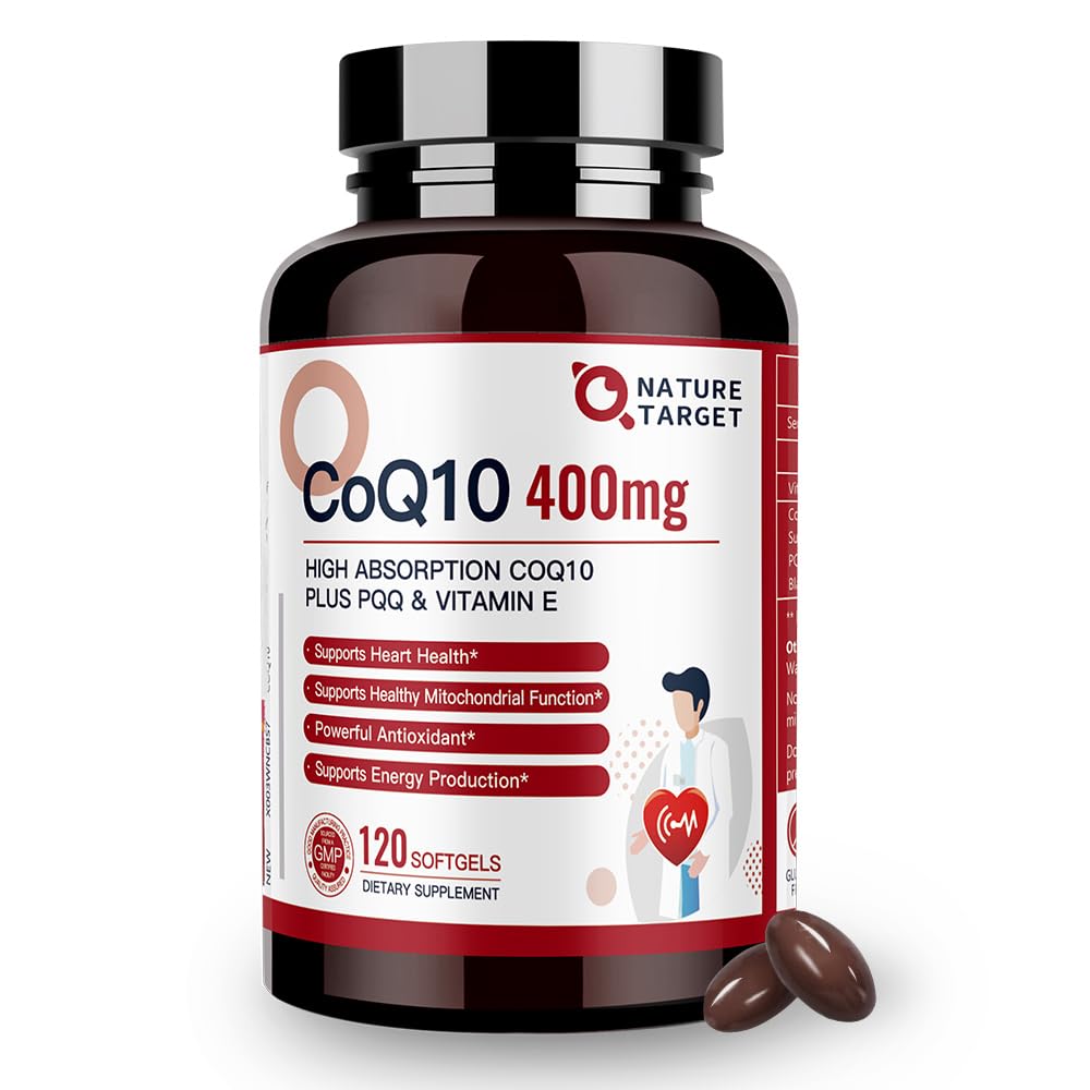 NATURE TARGET CoQ10-400mg Plus PQQとビタミンE&オーガニックオリーブオイル - Coenzyme-Q10とBioPerine - 高吸収抗酸化剤 - 健康とエネルギー生産、120のサービング