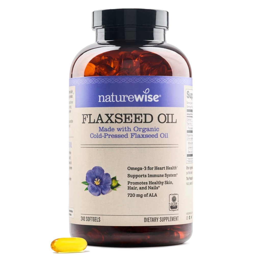 NatureWise 亜麻仁油 1,242 mg, 魚無料オメガ 3 6 9 720mg ALAと, 心の健康サポートのための栄養補助食品 - 有機, 冷間プレス, 非GMO - 240 Softgels[8ヶ月の供給]