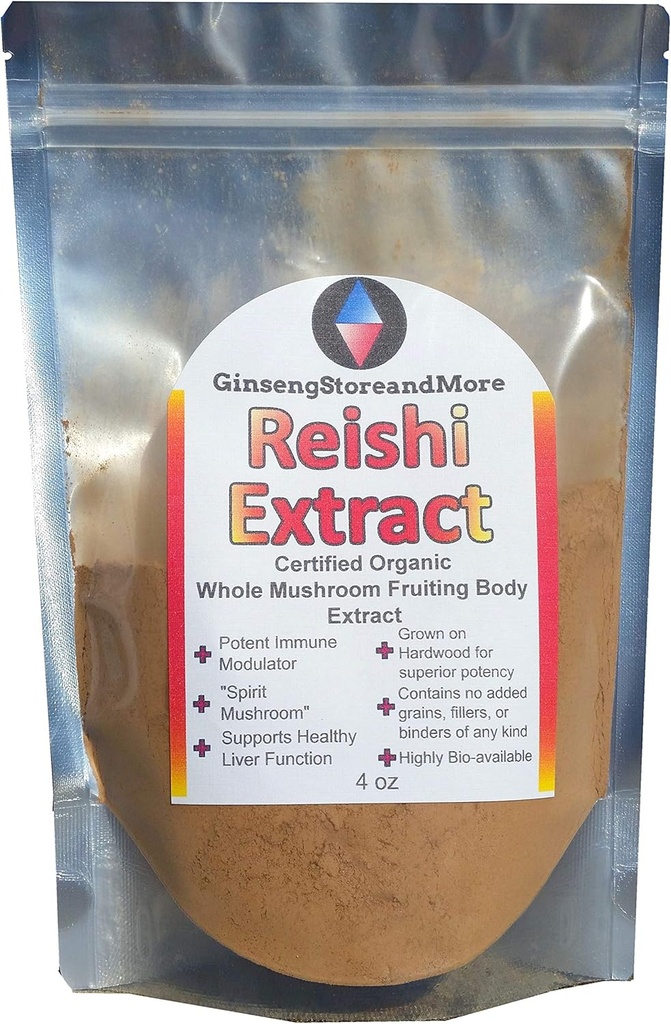 GinsengStoreAndMore 4oz Organic Red Reishi Mushroom Extracted from Real Mushroom Fruiting Bodies from Nammex | >30% Beta-Glucans | Ganoderma Lucidum, Ling Zhi 灵芝 | β-Glucan for Energy, Immune System