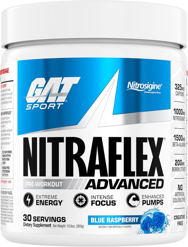 GAT SPORT Nitraflexアドバンストプレワークアウトパウダー、血流を増加させ、強さとエネルギーをブーストし、エクササイズパフォーマンスを向上させます(ブルーラズベリー、30サービング)