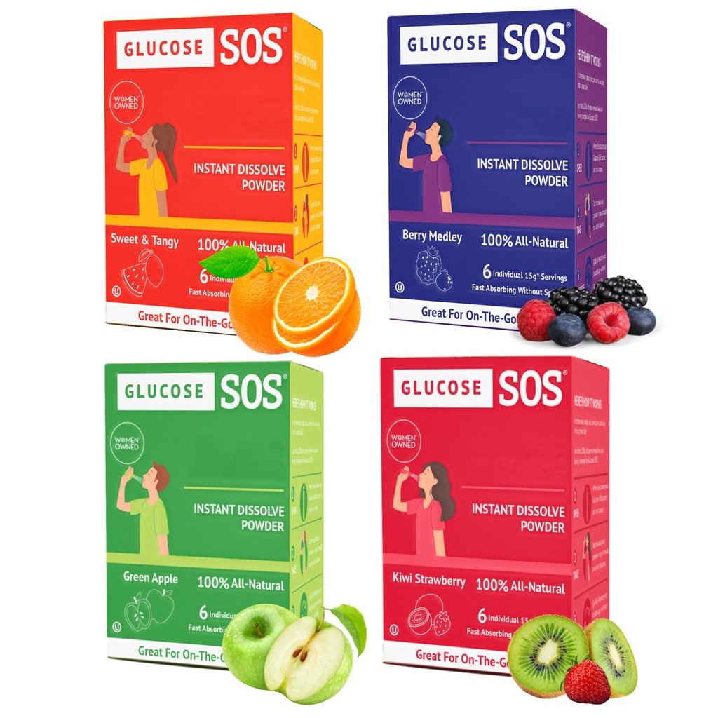 グルコース SOS グルコース 天然デキストローゼ付きパケット, 瞬時に水を必要としないあなたの口で分解する高速吸収, 4 味バラエティ 24 サービング