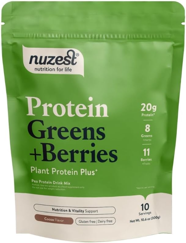 Nuzest – タンパク質グリーン + ベリー – スーパーフードパウダー – 植物タンパク質ブレンド - 300g / 10.6 ozポーチ (10 サービング) (ココア, 300g)