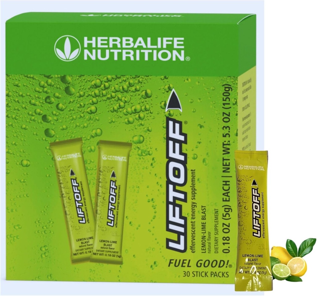 Herbalife Nutrition LIFTOFF Energy Stick Pack -Lemon-Lime Blast - 自然ブーストのためのインスタントドリンク、クリアズマインド、濃縮、30カウント(30パック)、グリーンレモンライムブラスト