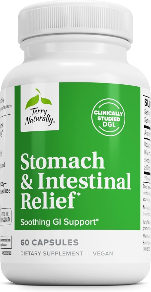 Terry Naturally Stomach & Intestinal Relief - Supplement to Aid Digestive Health & Intestinal Lining - Aids Against Occasional Digestive Discomfort to Soothe Stomach - 60 Capsules