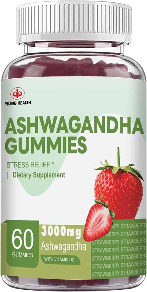 YiLing Ashwagandha Gummies for Women & Men, 3000 Mg of High-Potency Ashwagandha Root Extract Boosts Energy, Improves Sleep, Relieves Stress and Calms Mood, 60 Count Strawberry Flavor Ashwagandha