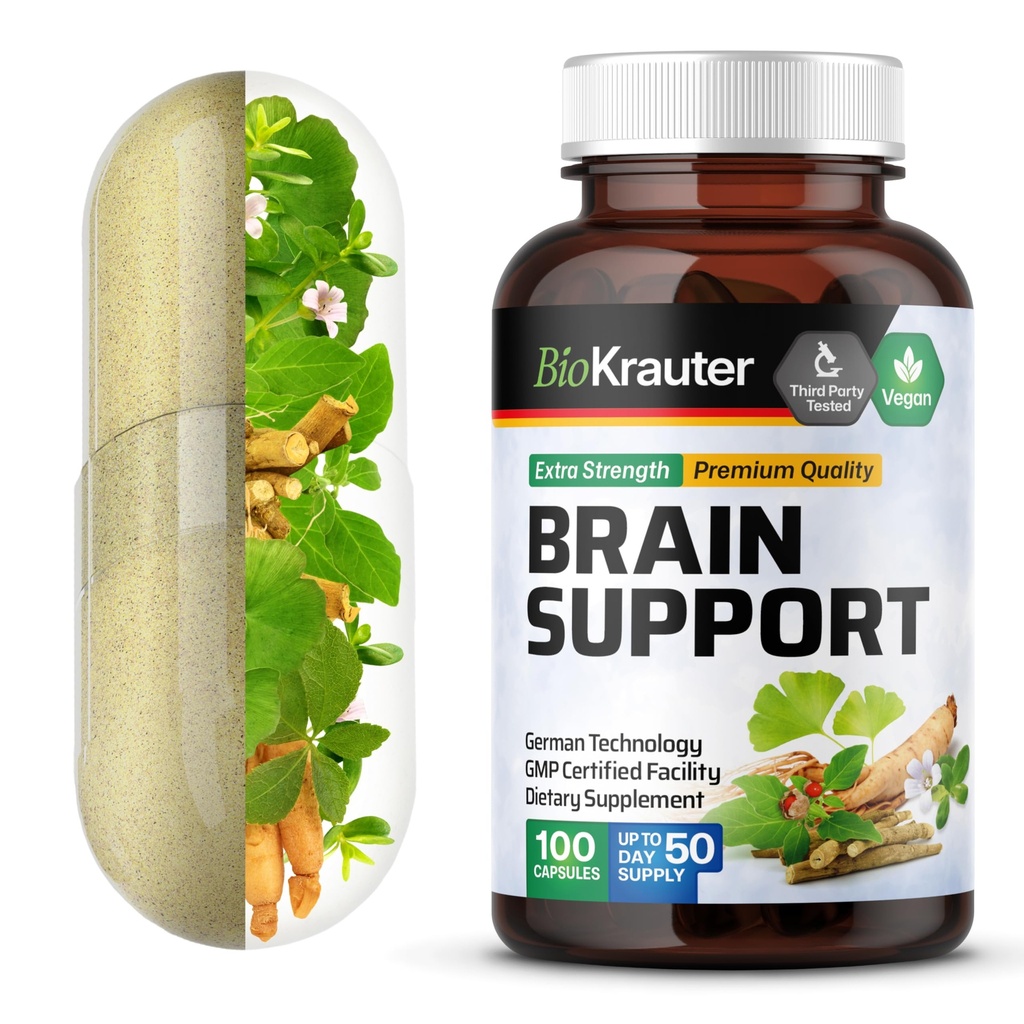 BIO KRAUTER 脳サポート サプリメント - 100 カウント - 1300 アシュワガンダの mg のブレンド, Panax Ginseng と Ginkgo Biloba - 完全菜食主義者の, いいえフィラー
