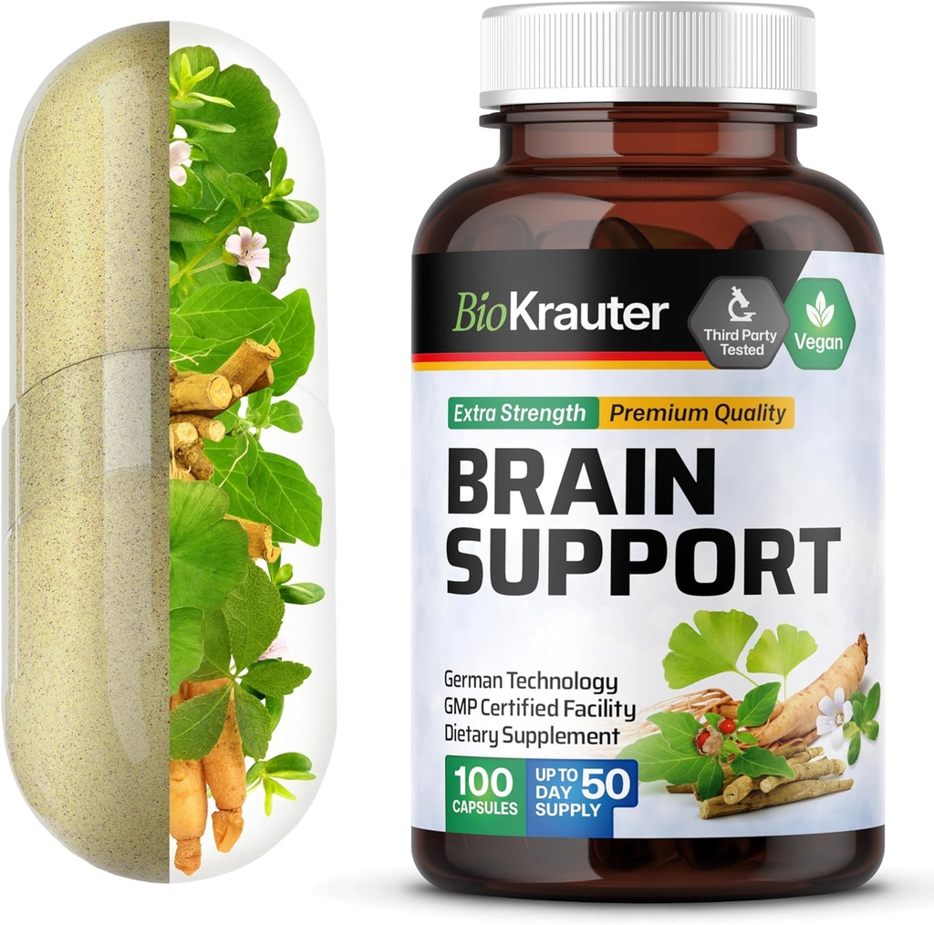 BIO KRAUTER 脳サポート サプリメント - 100 カウント - 1300 アシュワガンダの mg のブレンド, Panax Ginseng と Ginkgo Biloba - 完全菜食主義者の, いいえフィラー