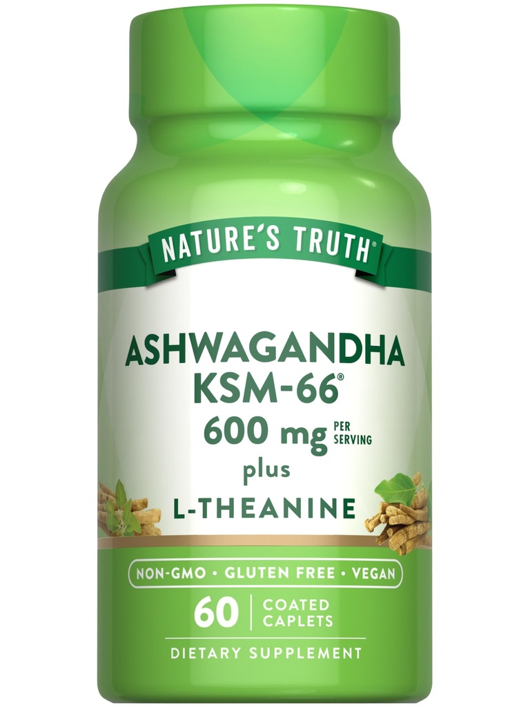 Nature's Truth KSM-66 Ashwagandha | 60 Caplets | L-Theanine | ヴィーガン、非GMO、グルテンフリーサプリメント