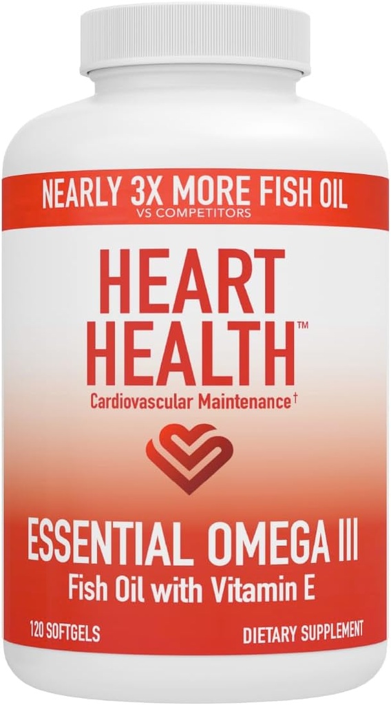 Heart Health Essential Omega 3 Fish Oil with Vitamin E - High Potency Omega 3 Fish Oil Supplement with EPA & DHA - Burpless Softgels from Sardines & Anchovies - Non-GMO, Gluten Free - 60 Servings