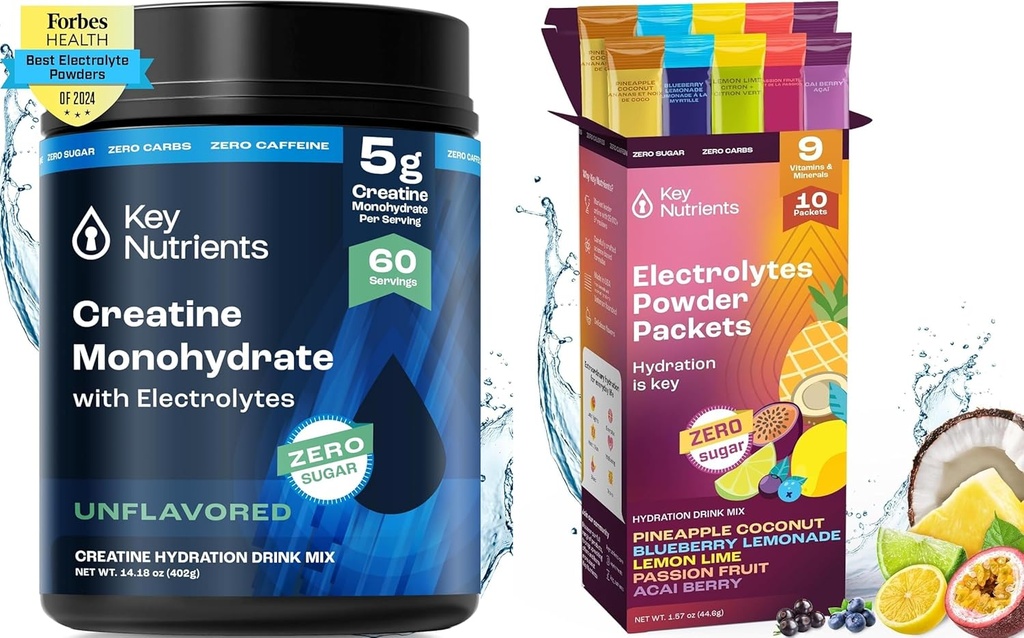 KEY NUTRIENTS Creatine Monohydrate & Hydration Packets Bundle – Unflavored Micronized Creatine Powder (60 Servings) + Electrolyte Powder Packets (10 Servings) – Boost Strength, Hydration & Recovery