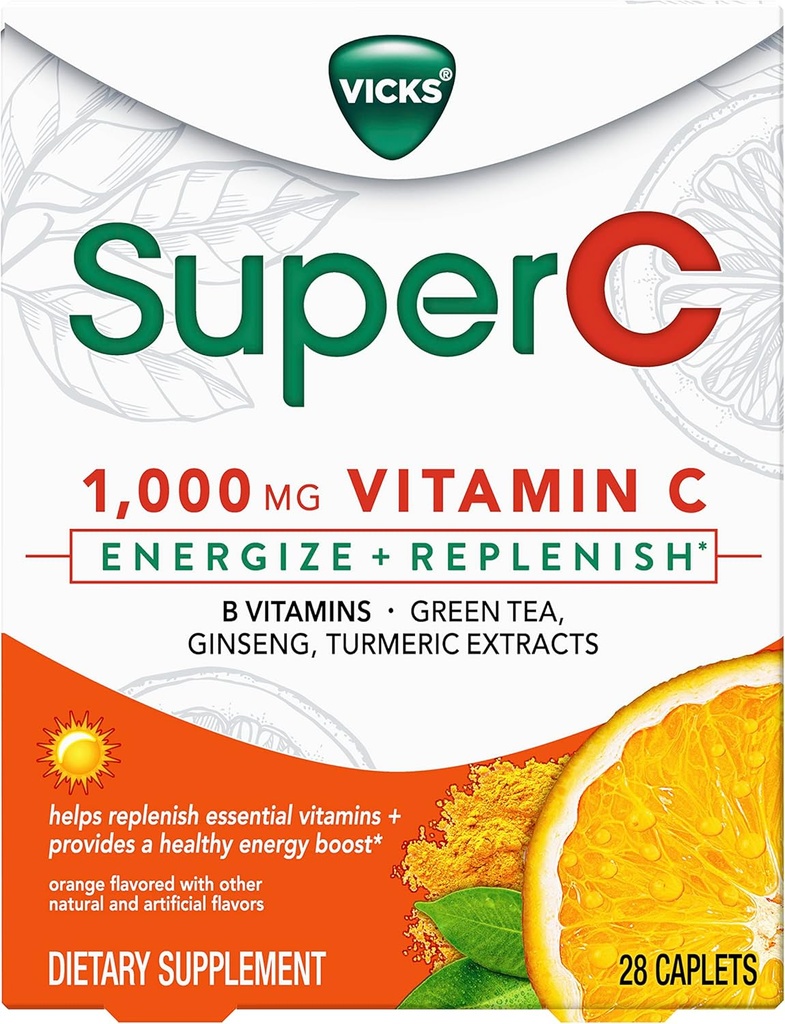 Vicks Super C Energize + Replenish Daytime Dietary Supplement with Vitamin C, B Vitamins, Green Tea, Ginseng, and Turmeric Extracts to help replenish essential vitamins*, 28 Caplets