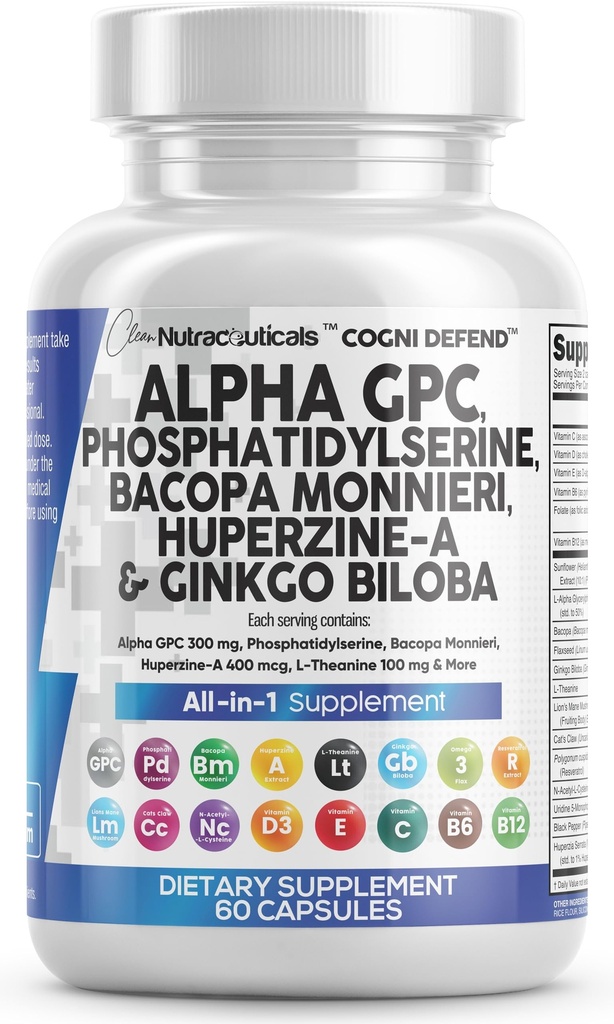 脳の補足のアルファGPC 300mgのPhosphatidylserineのBacopa MonnieriのGinkgoのBilobaのライオンのMane Huperzine A L-Theanine NACの向知的な記憶焦点の認知サポート ビタミンB C D E 60のカプセル米国
