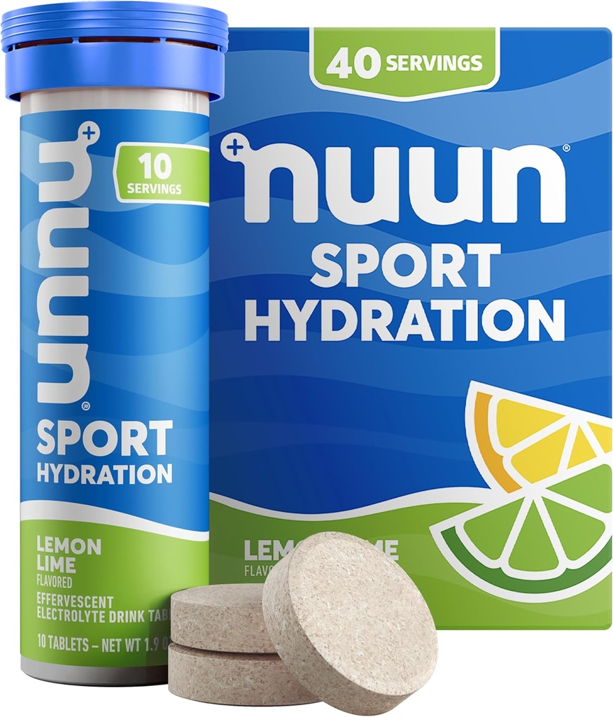 Nuun Sport Electrolyte Tablets with Magnesium, Calcium, Potassium, Chloride & Sodium, Gluten Free & Vegan, Lemon Lime, 4 Pack (40 Servings Total)