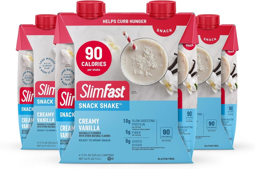 SlimFastスナックシェイク、90カロリーファイバシェイク、飲み物への準備、プロテインドリンク、クリーミーバニラ、12カウント