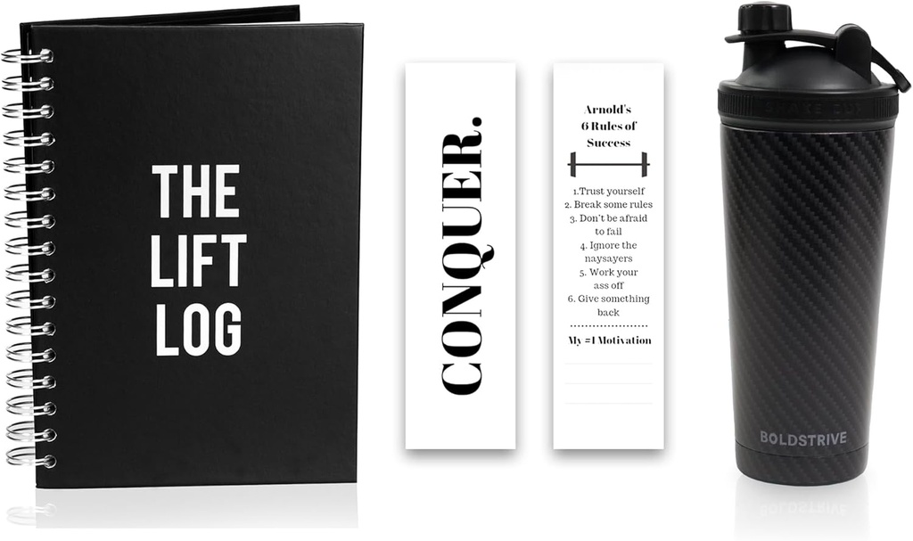 ステンレス鋼の蛋白質のシェーカーのびん、ブックマークが付いている黒いカーボン繊維の覆い及びワークアウトのジャーナルが付いている絶縁された水差し– 6か月のUndatedの毎日の適性ジャーナル