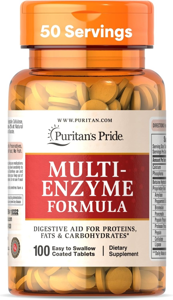 Puritan's Pride Multi-Enzyme Formula, Digestive Aid for Proteins, Fats, and Carbohydrates, Dietary Supplement for Digestion and Healthy Gut Support, 50 Day Supply, 100 Easy to Swallow Coated Tablets