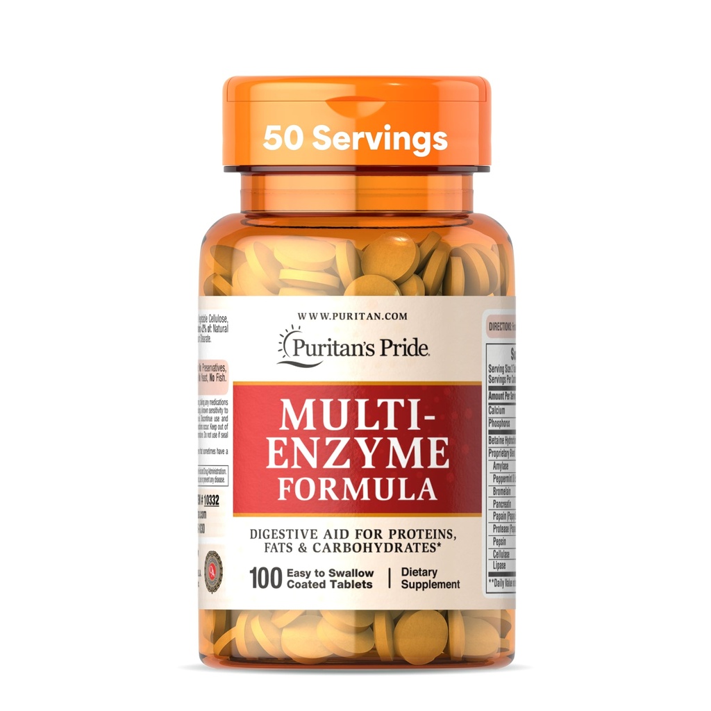 Puritan's Pride Multi-Enzymeフォーミュラ、タンパク質、脂肪、炭水化物、消化および健康なガットサポートのための栄養補助食品、50日の供給、スワロコーティングされたタブレットへの100簡単