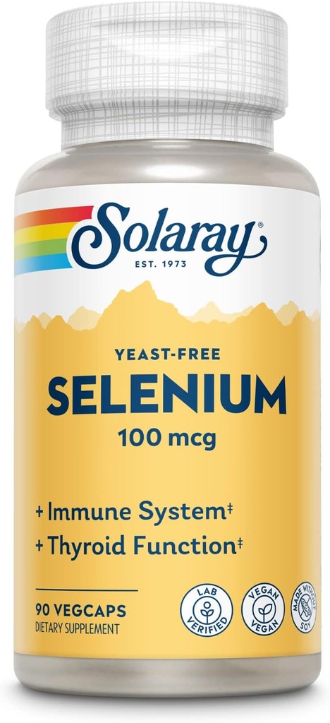 Solarayイーストフリーセレン100mcg、健康な免疫&甲状腺機能サポート、強化吸収、90 Serv、90 VegCaps