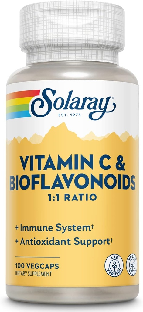 シトラスBioflavonoids、1:1の比率のSOLARAYのビタミンC 500mg - 酸化防止剤および免疫サポート補足-ローズHIPSおよびAcerola、ビーガン、60日の保証、50のサービング、100のVegeCapsのビタミンC