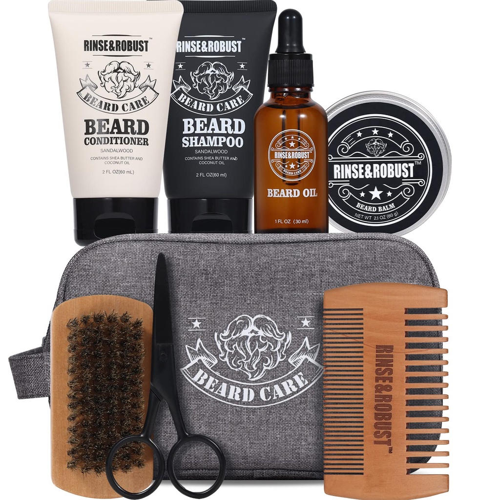 Rinse & Robust Beard Kit Beard Care Grooming for Men Beard Travel Set Gift Set for Men Travelling Bag for Men Fathers Day Dad Gift